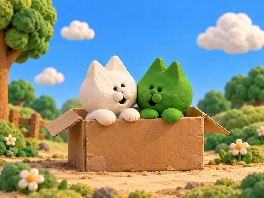 The friends peeking out of a cardboard box