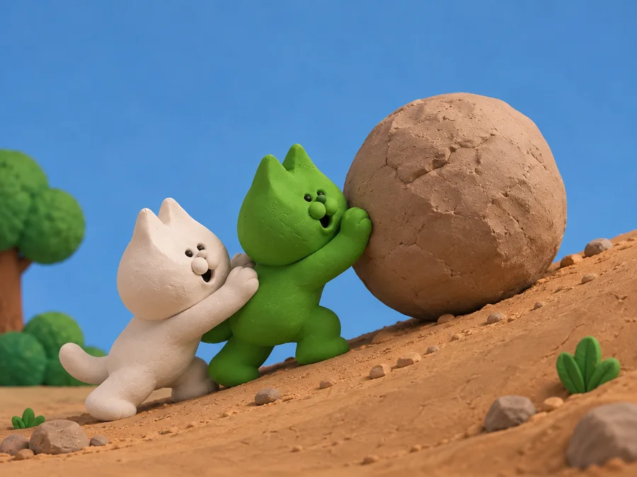 Pushing a boulder up the hill together