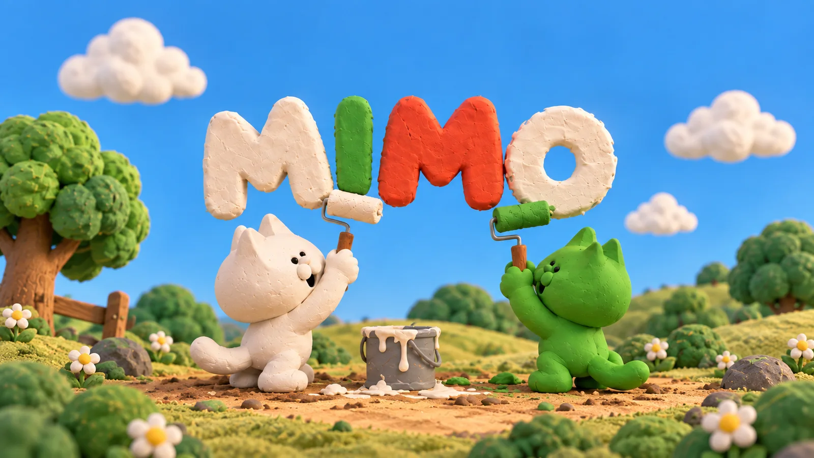 The two friends painting the MIMO letters on a sunny hill